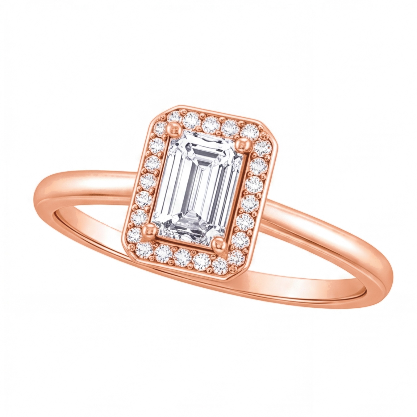 Zadie emerald cut diamond halo engagement ring by Tiani Jewellery in rose gold, white gold and yellow gold.