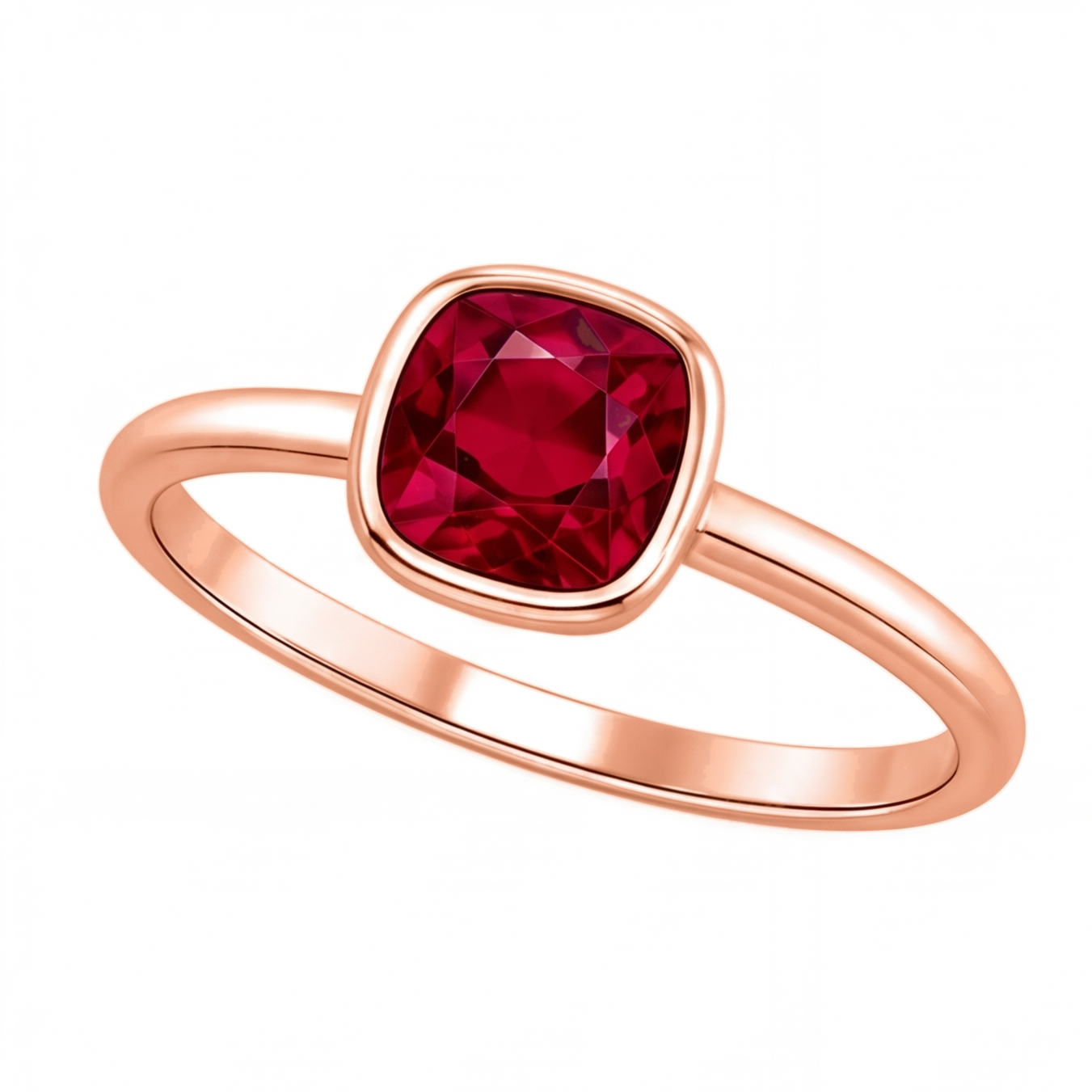 Xylia cushion ruby bezel engagement ring by Tiani Jewellery shown in rose gold, white gold and yellow gold.