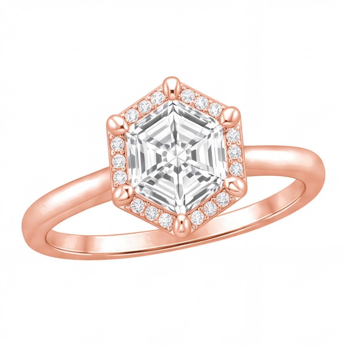 Mireya hexagon diamond halo engagement ring by Tiani Jewellery shown in rose gold, white gold and yellow gold.