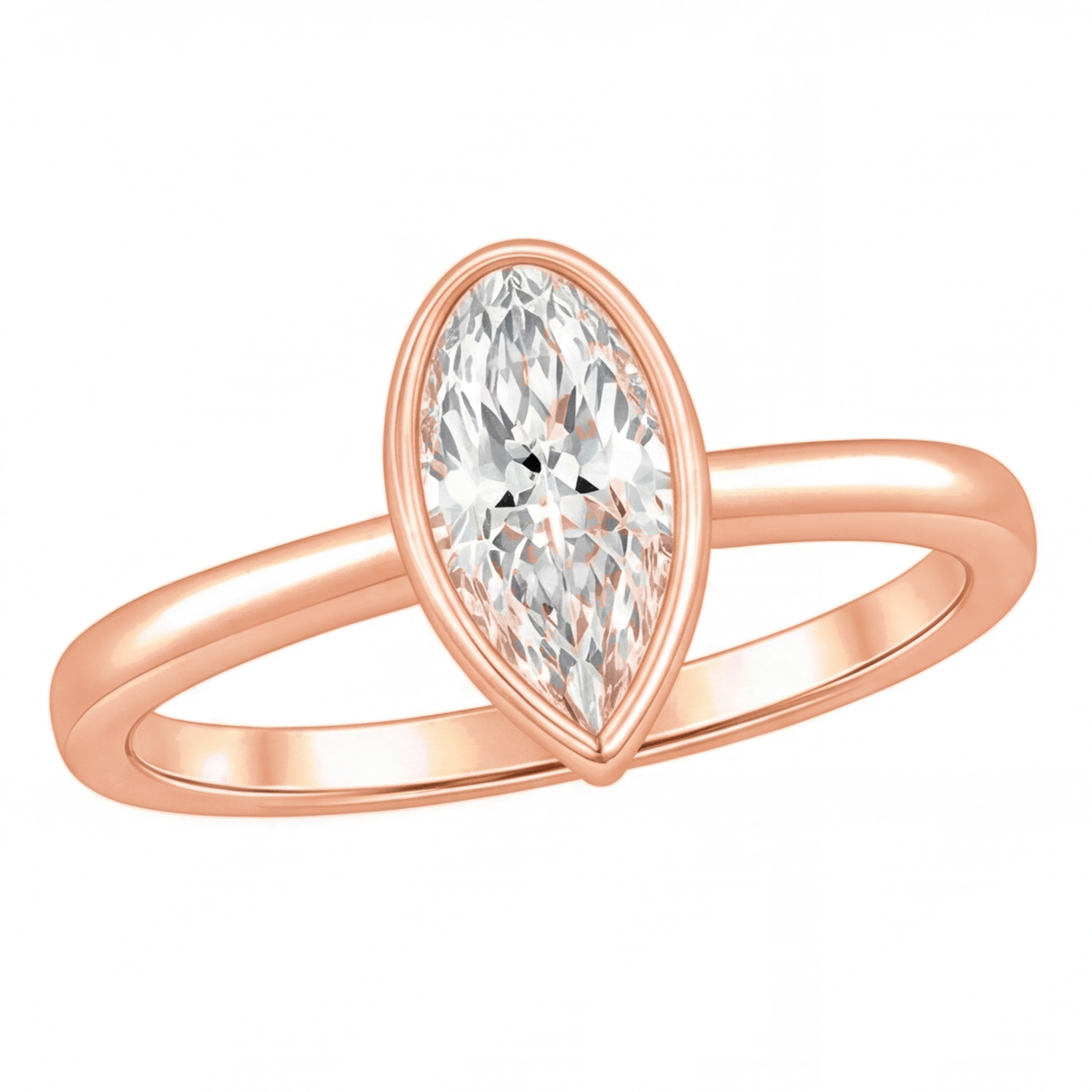 Lorelei pear cut bezel diamond solitaire engagement ring by Tiani Jewellery shown in rose gold, white gold and yellow gold.