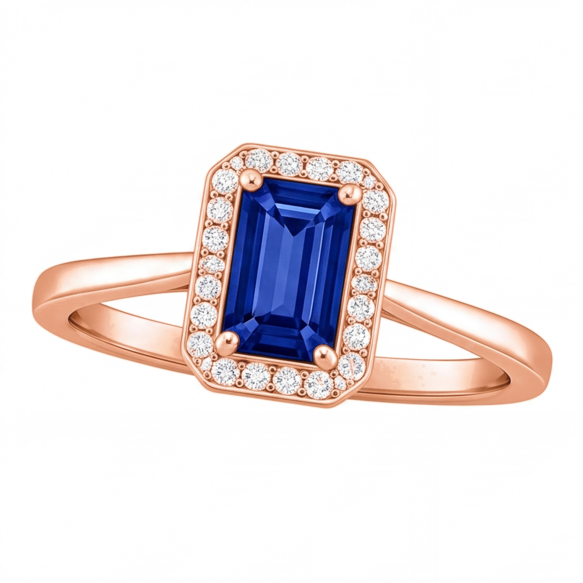 Nadine emerald cut blue sapphire halo engagement ring by Tiani Jewellery shown in rose gold, white gold and yellow gold.