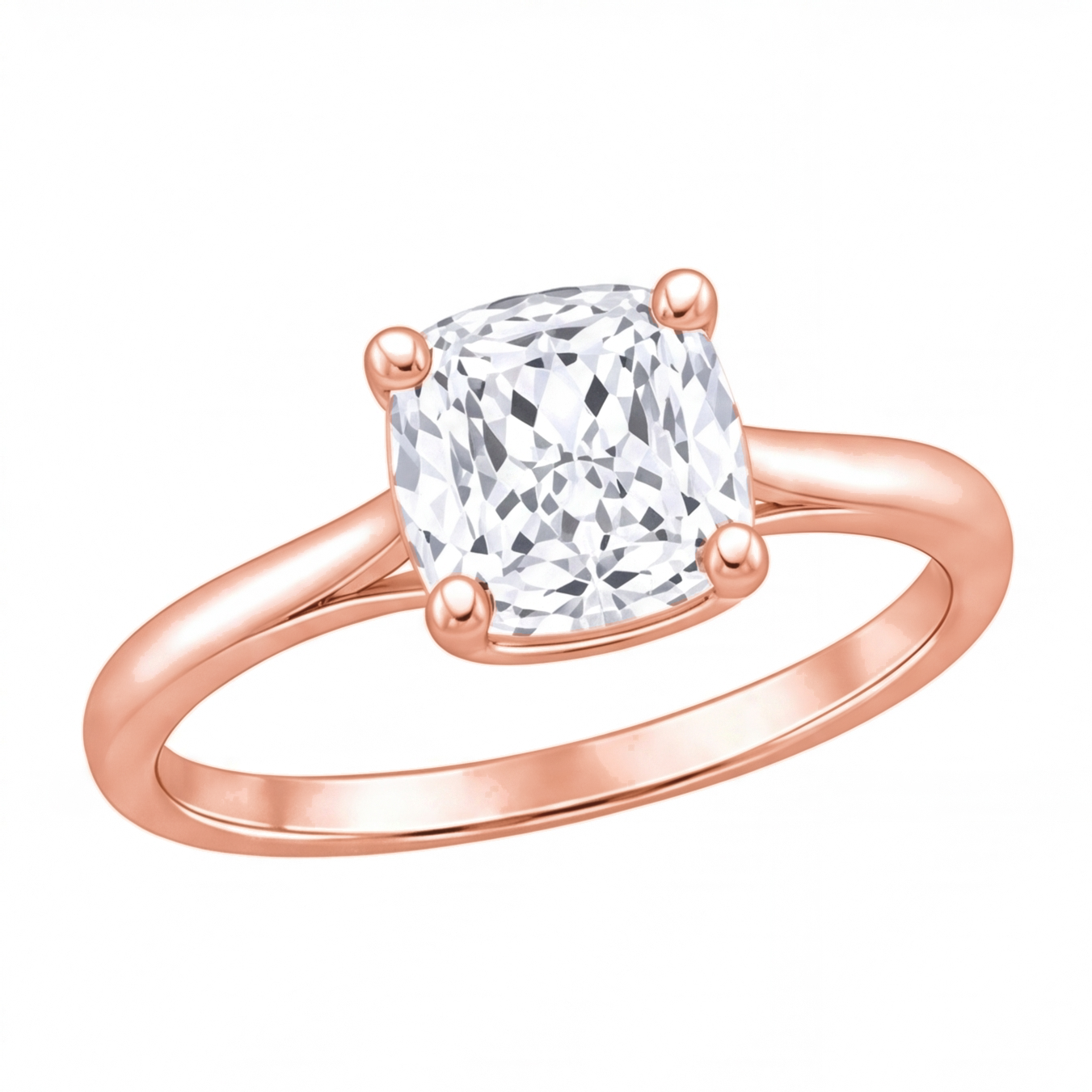 Pia cushion diamond solitaire engagement ring by Tiani Jewellery shown in rose gold, white gold and yellow gold.