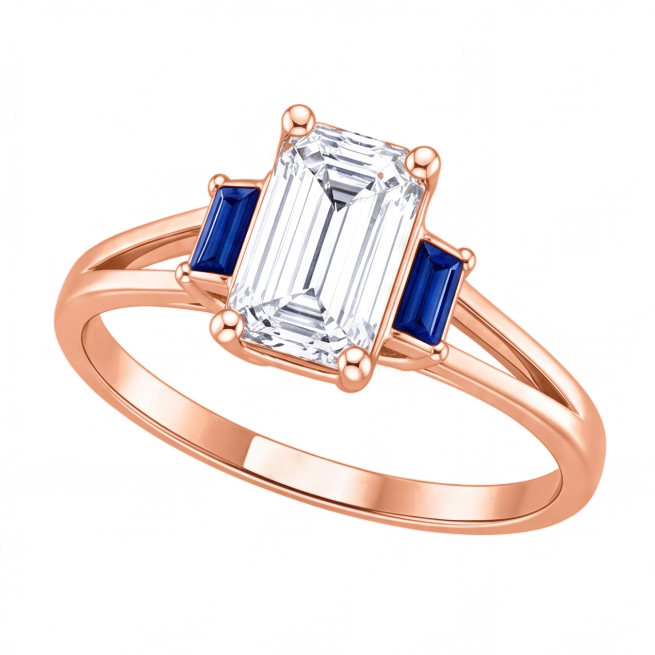 Valencia emerald cut diamond engagement ring with blue sapphire side stones by Tiani Jewellery shown in rose gold, white gold and yellow gold.