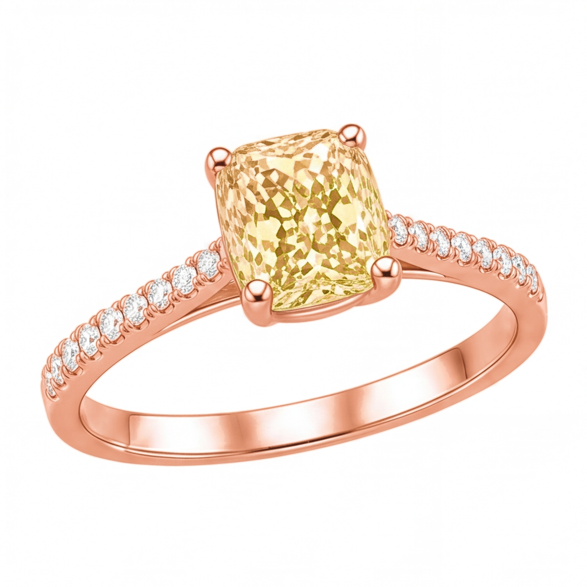 Xenia yellow radiant gemstone pavé engagement ring by Tiani Jewellery shown in rose gold, white gold and yellow gold.