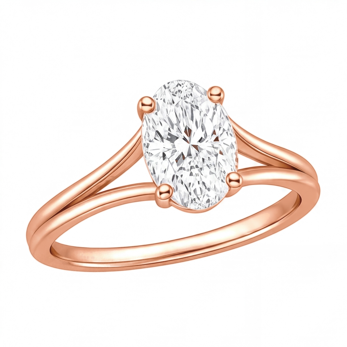 Wilhelmina oval diamond split shank engagement ring by Tiani Jewellery shown in rose gold, white gold and yellow gold.