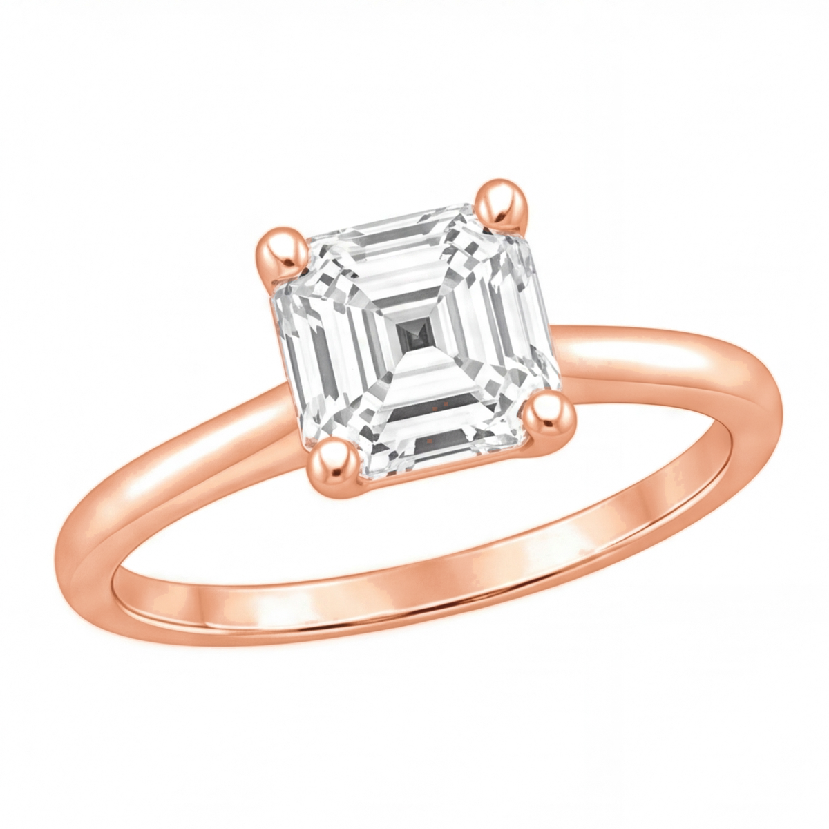 Yuna Asscher diamond solitaire engagement ring by Tiani Jewellery shown in rose gold, white gold and yellow gold.