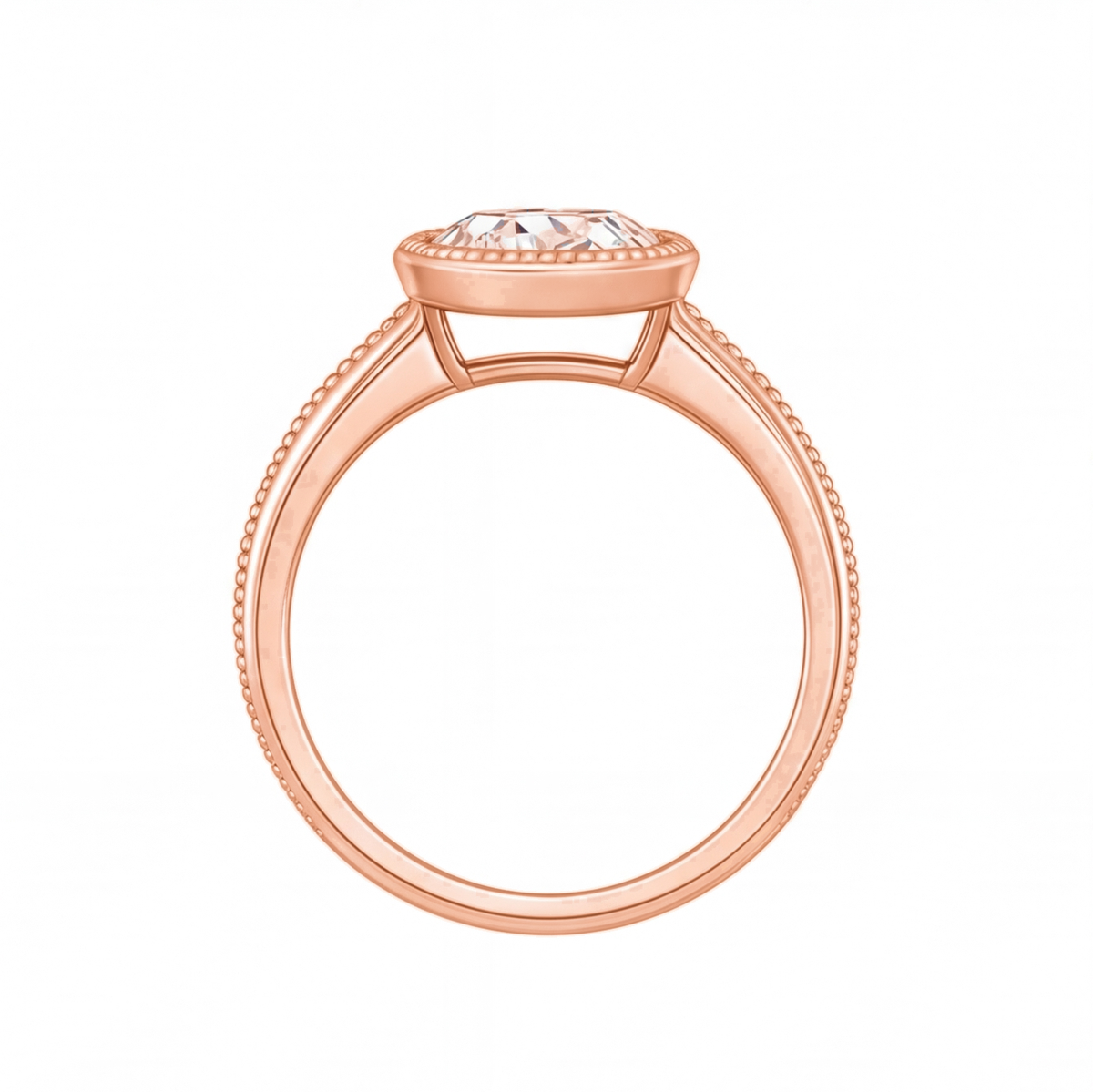 Ondine round bezel diamond milgrain engagement ring by Tiani Jewellery shown in rose gold, white gold and yellow gold.