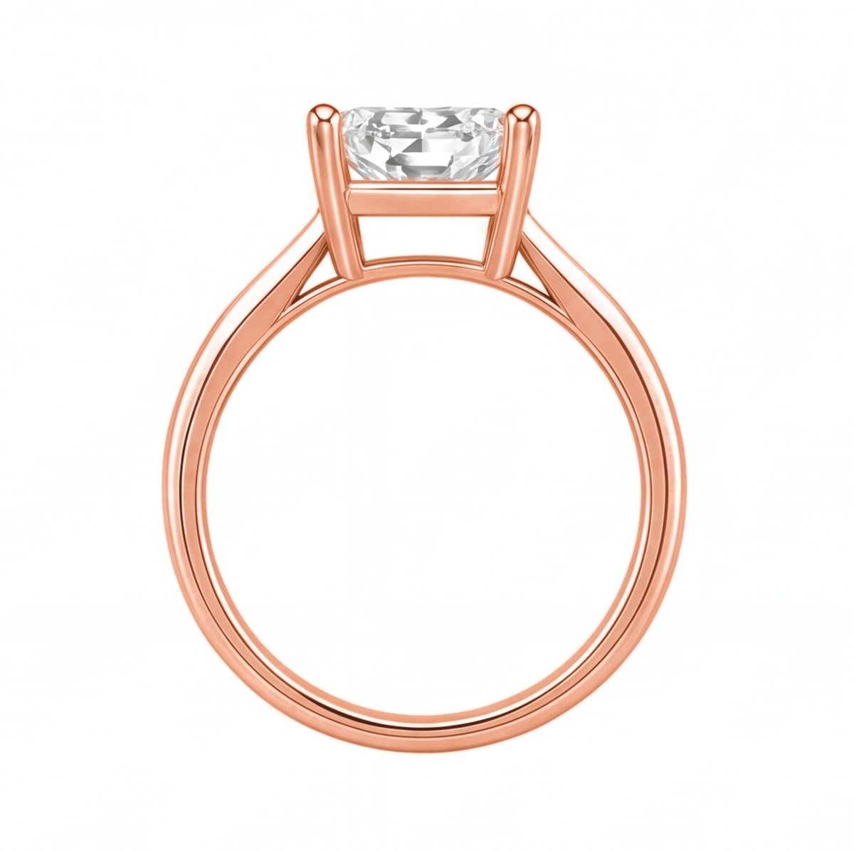 Vesper radiant diamond solitaire engagement ring by Tiani Jewellery shown in rose gold, white gold and yellow gold.