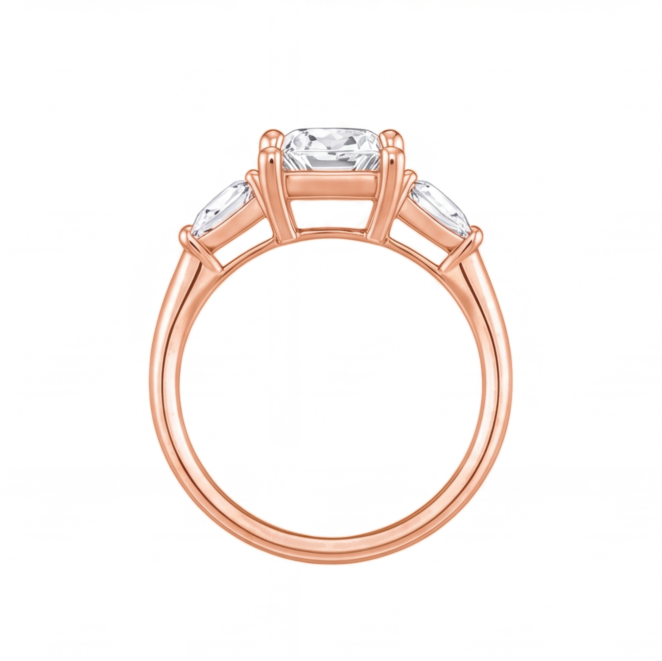 Winifred cushion diamond engagement ring with pear cut side stones by Tiani Jewellery shown in rose gold, white gold and yellow gold.