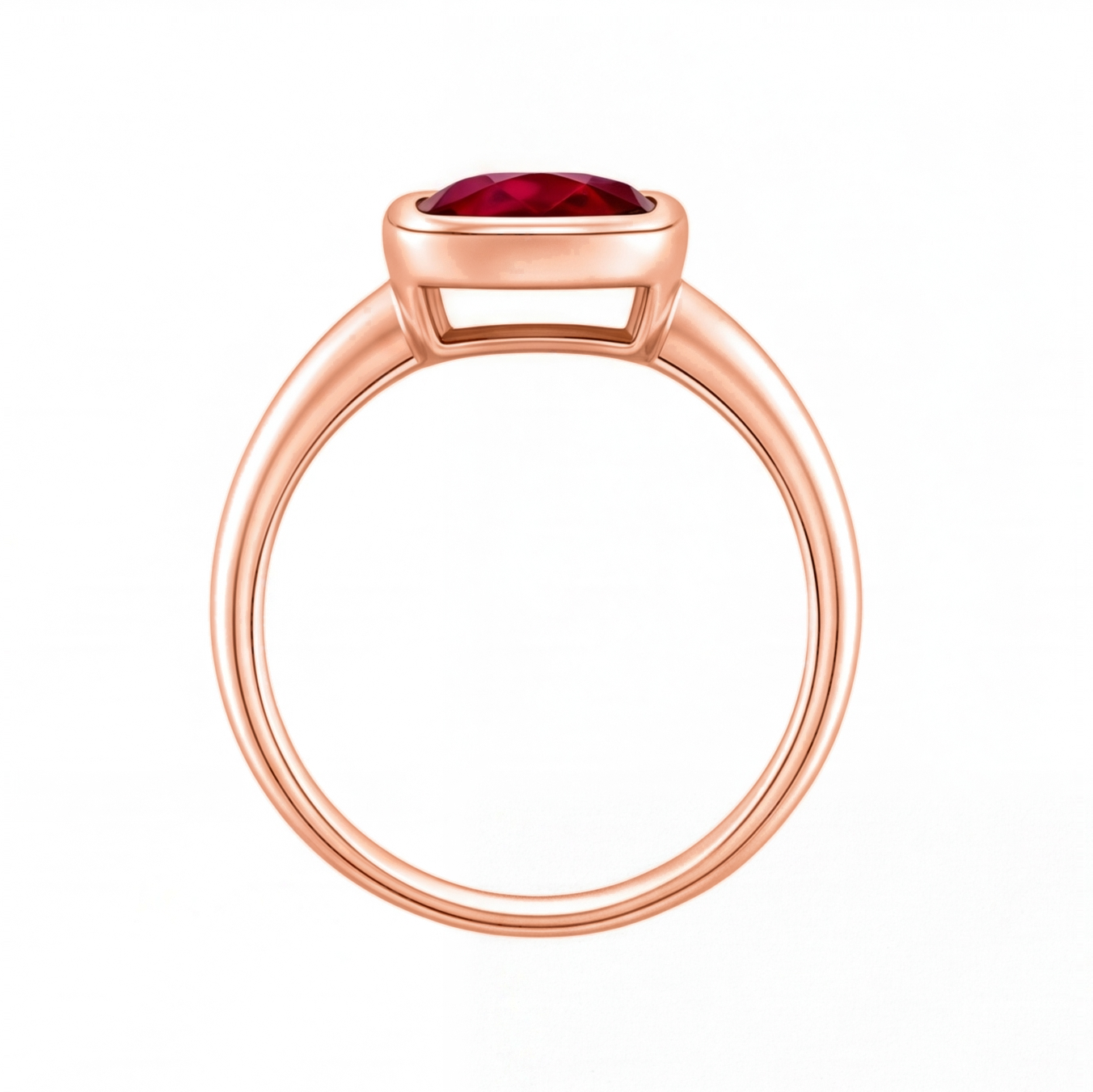 Xylia cushion ruby bezel engagement ring by Tiani Jewellery shown in rose gold, white gold and yellow gold.