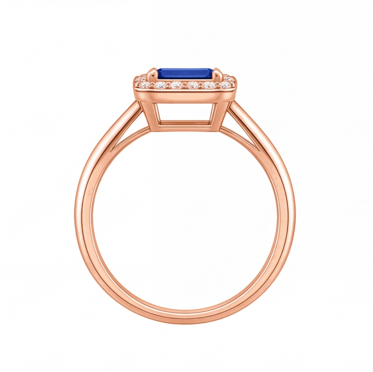 Nadine emerald cut blue sapphire halo engagement ring by Tiani Jewellery shown in rose gold, white gold and yellow gold.