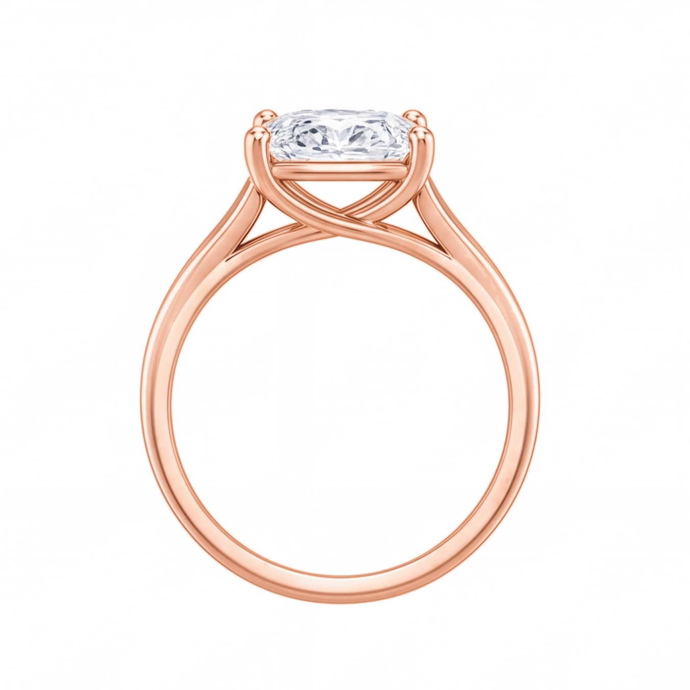 Tilda cushion diamond split shank engagement ring by Tiani Jewellery shown in rose gold, white gold and yellow gold.