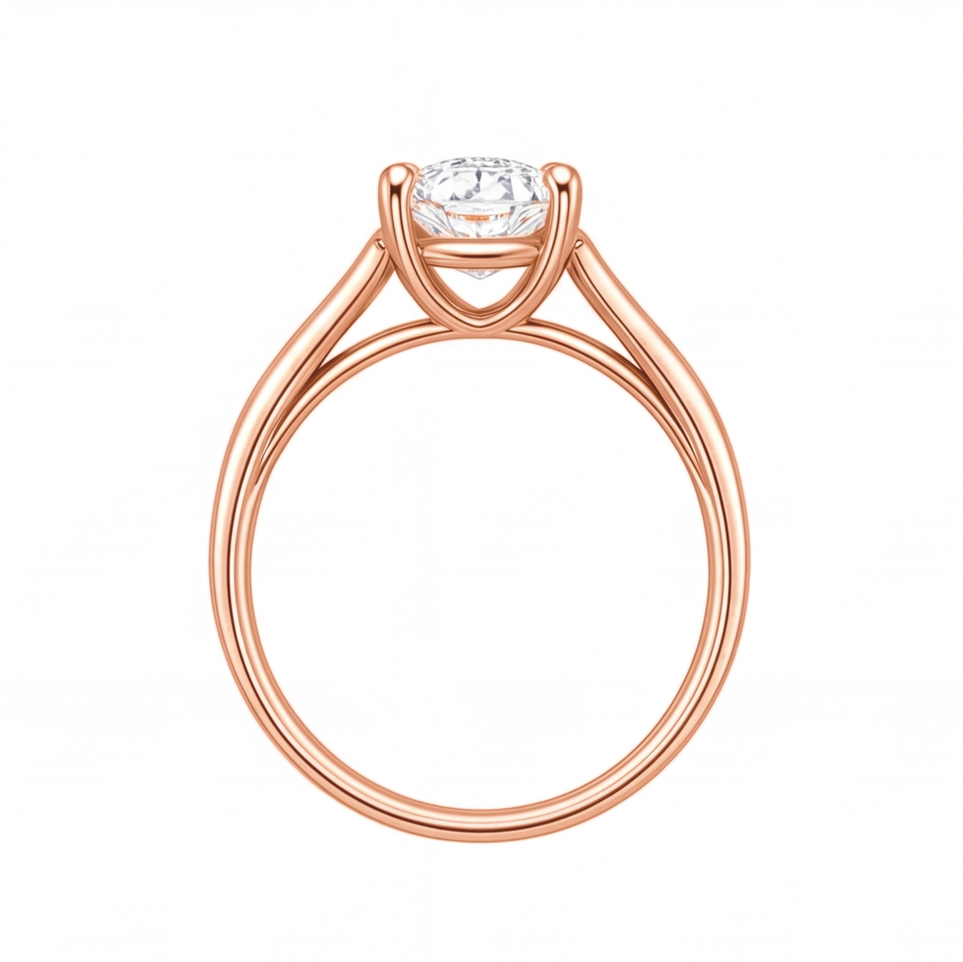 Wilhelmina oval diamond split shank engagement ring by Tiani Jewellery shown in rose gold, white gold and yellow gold.