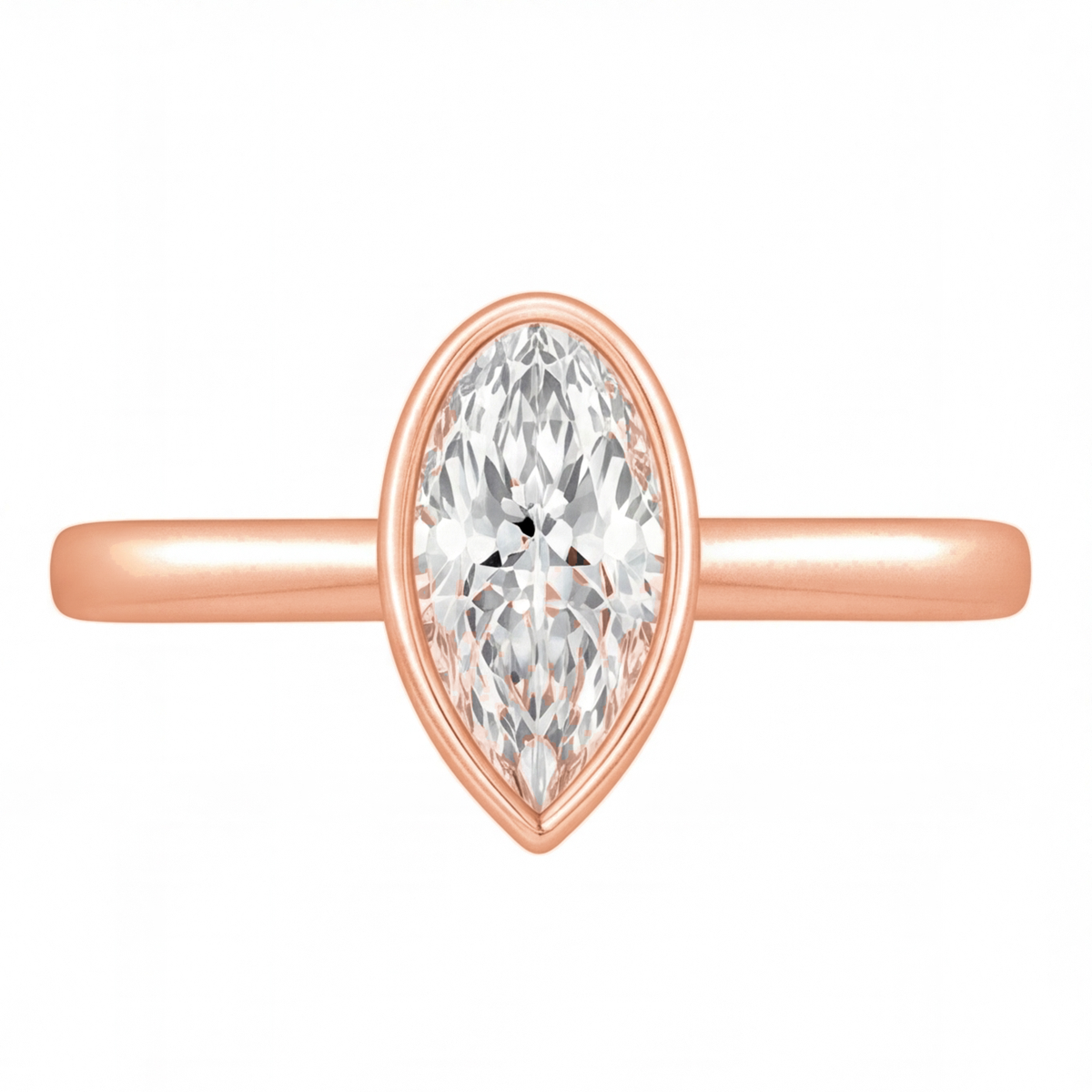 Lorelei pear cut bezel diamond solitaire engagement ring by Tiani Jewellery shown in rose gold, white gold and yellow gold.