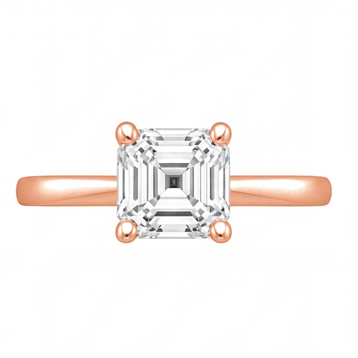 Yuna Asscher diamond solitaire engagement ring by Tiani Jewellery shown in rose gold, white gold and yellow gold.