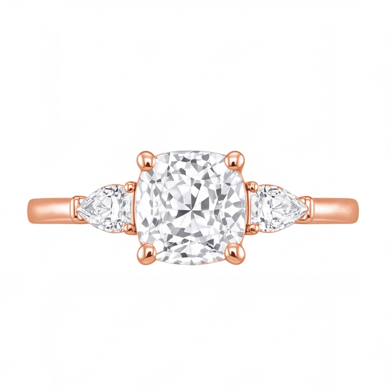 Winifred cushion diamond engagement ring with pear cut side stones by Tiani Jewellery shown in rose gold, white gold and yellow gold.
