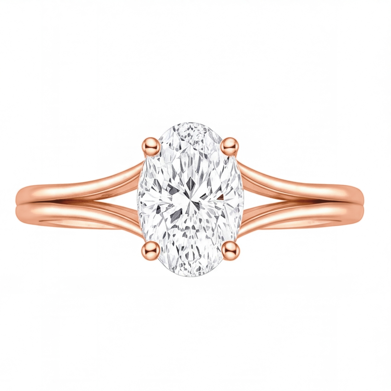 Wilhelmina oval diamond split shank engagement ring by Tiani Jewellery shown in rose gold, white gold and yellow gold.