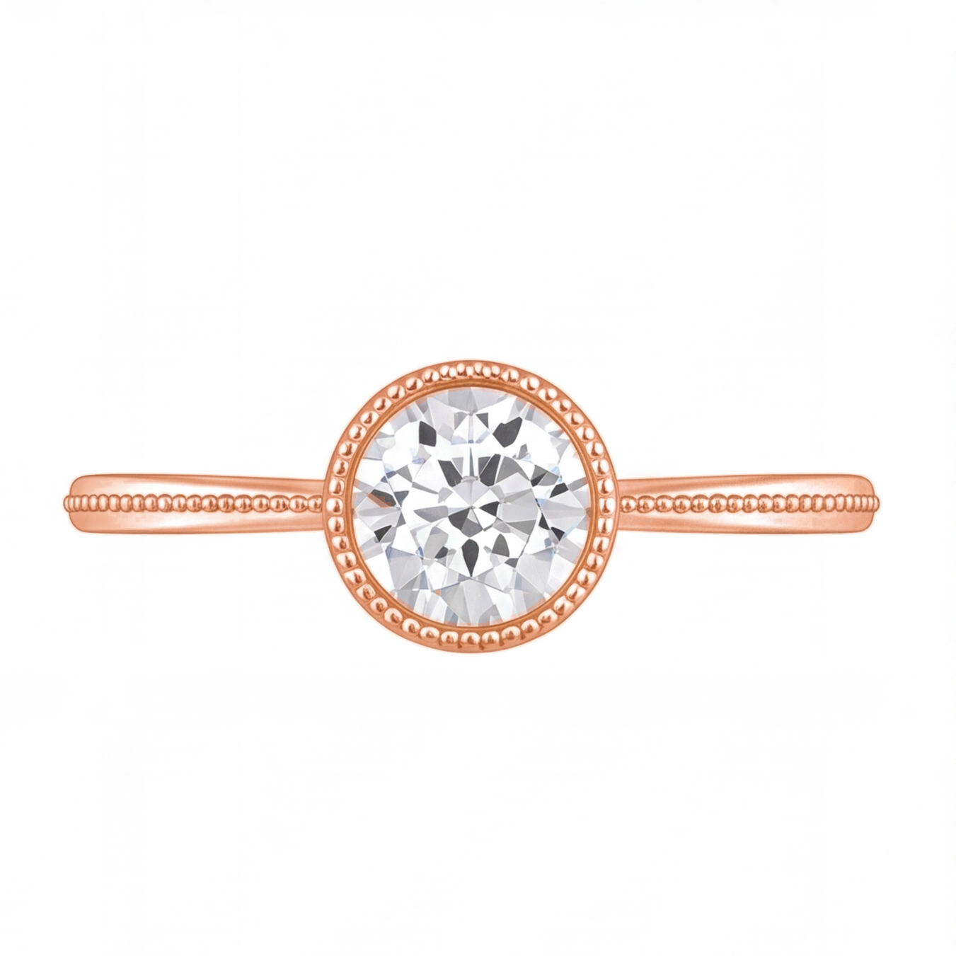 Ondine round bezel diamond milgrain engagement ring by Tiani Jewellery shown in rose gold, white gold and yellow gold.