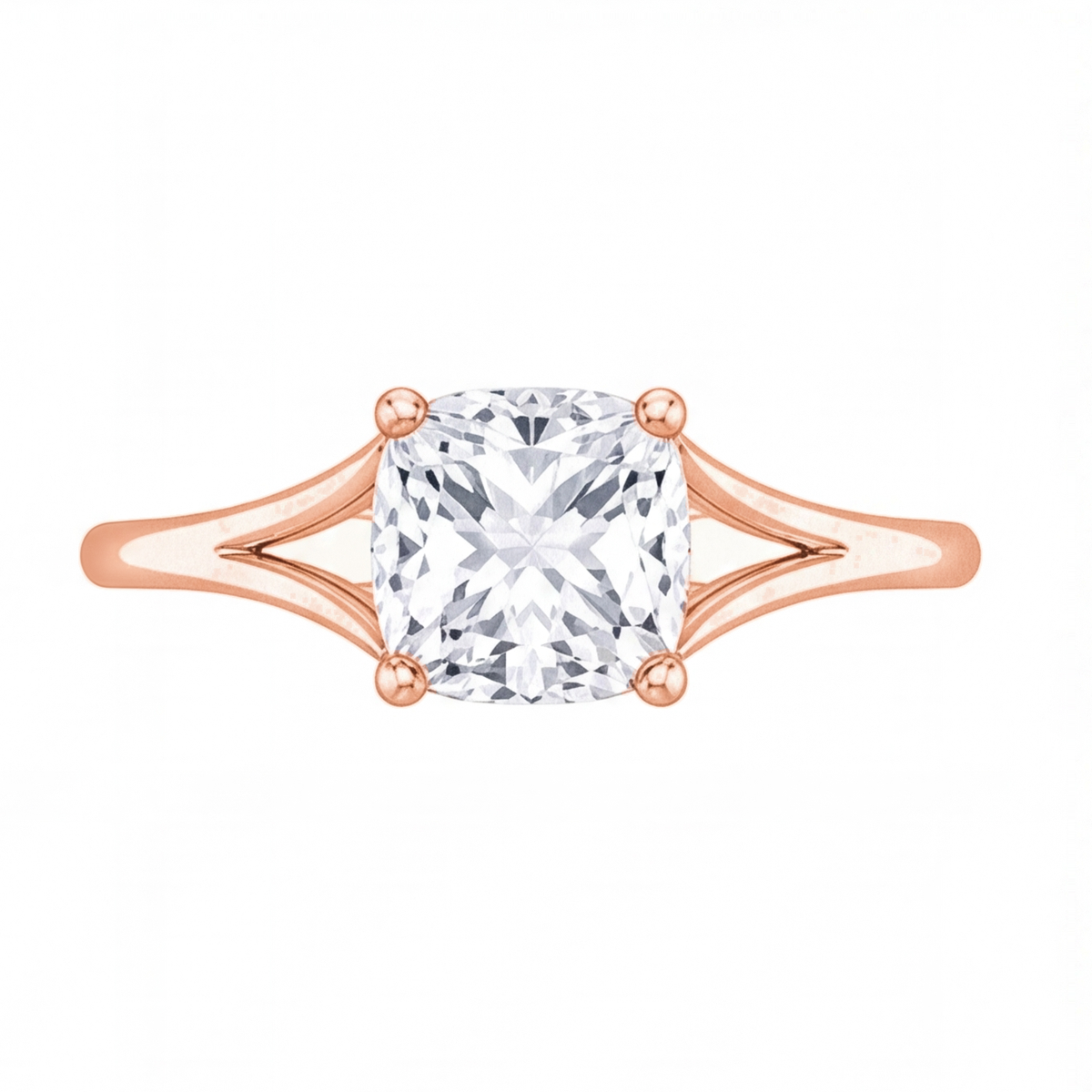 Tilda cushion diamond split shank engagement ring by Tiani Jewellery shown in rose gold, white gold and yellow gold.