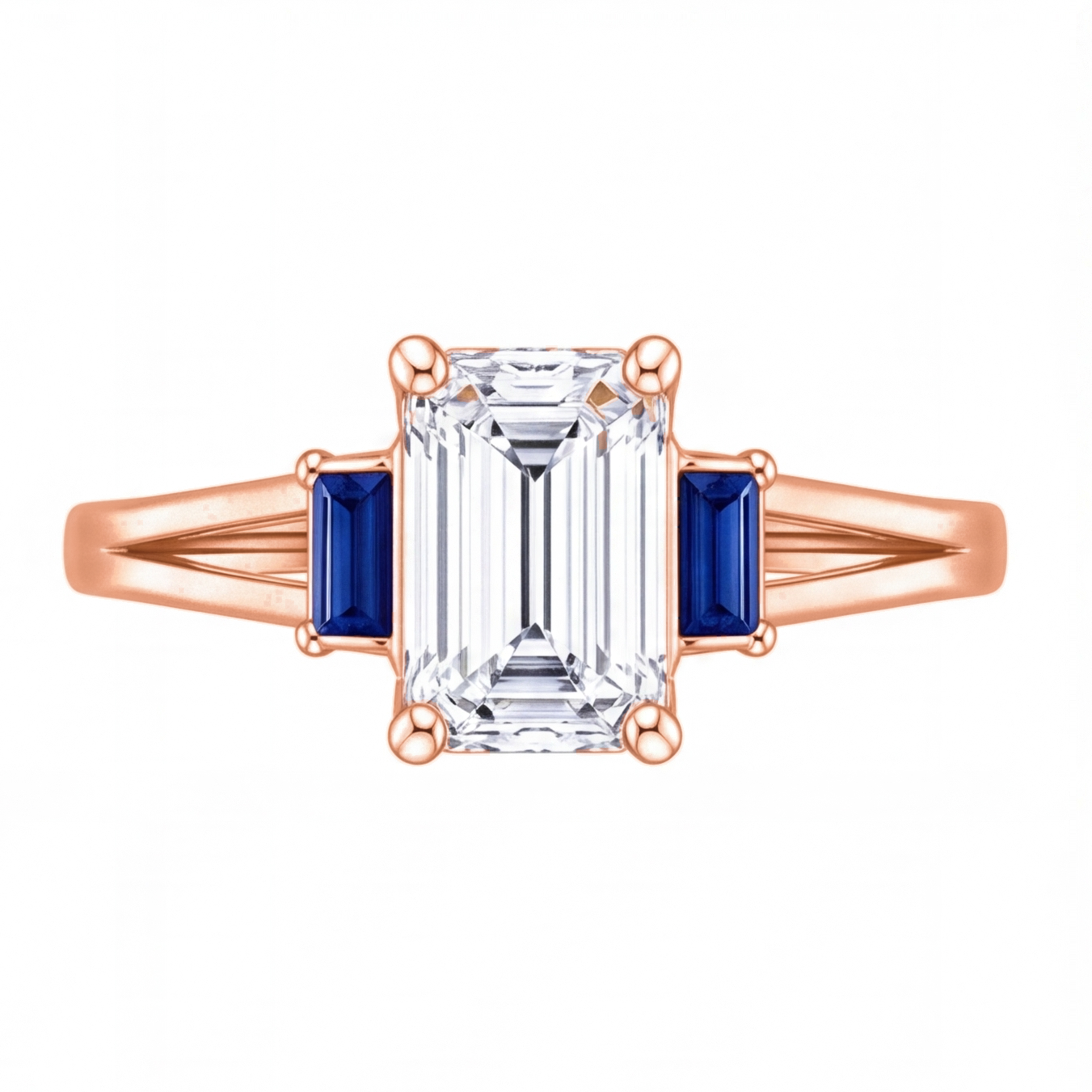 Valencia emerald cut diamond engagement ring with blue sapphire side stones by Tiani Jewellery shown in rose gold, white gold and yellow gold.