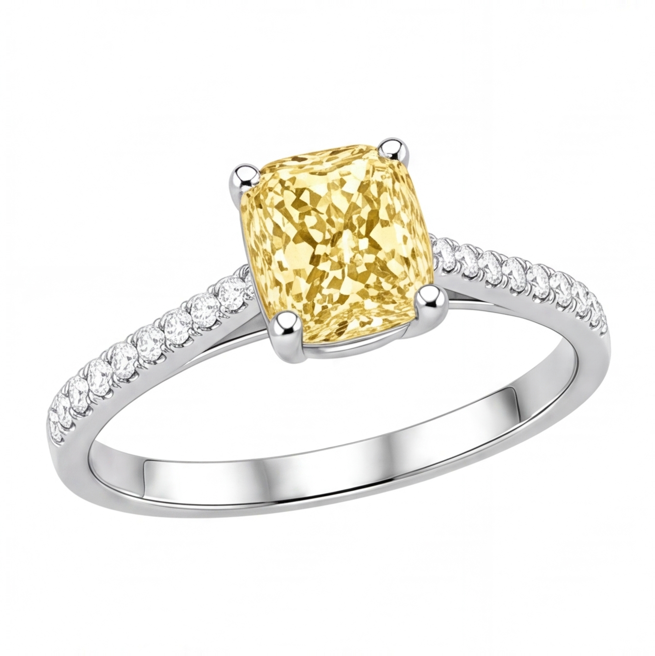 Xenia yellow radiant gemstone pavé engagement ring by Tiani Jewellery shown in rose gold, white gold and yellow gold.