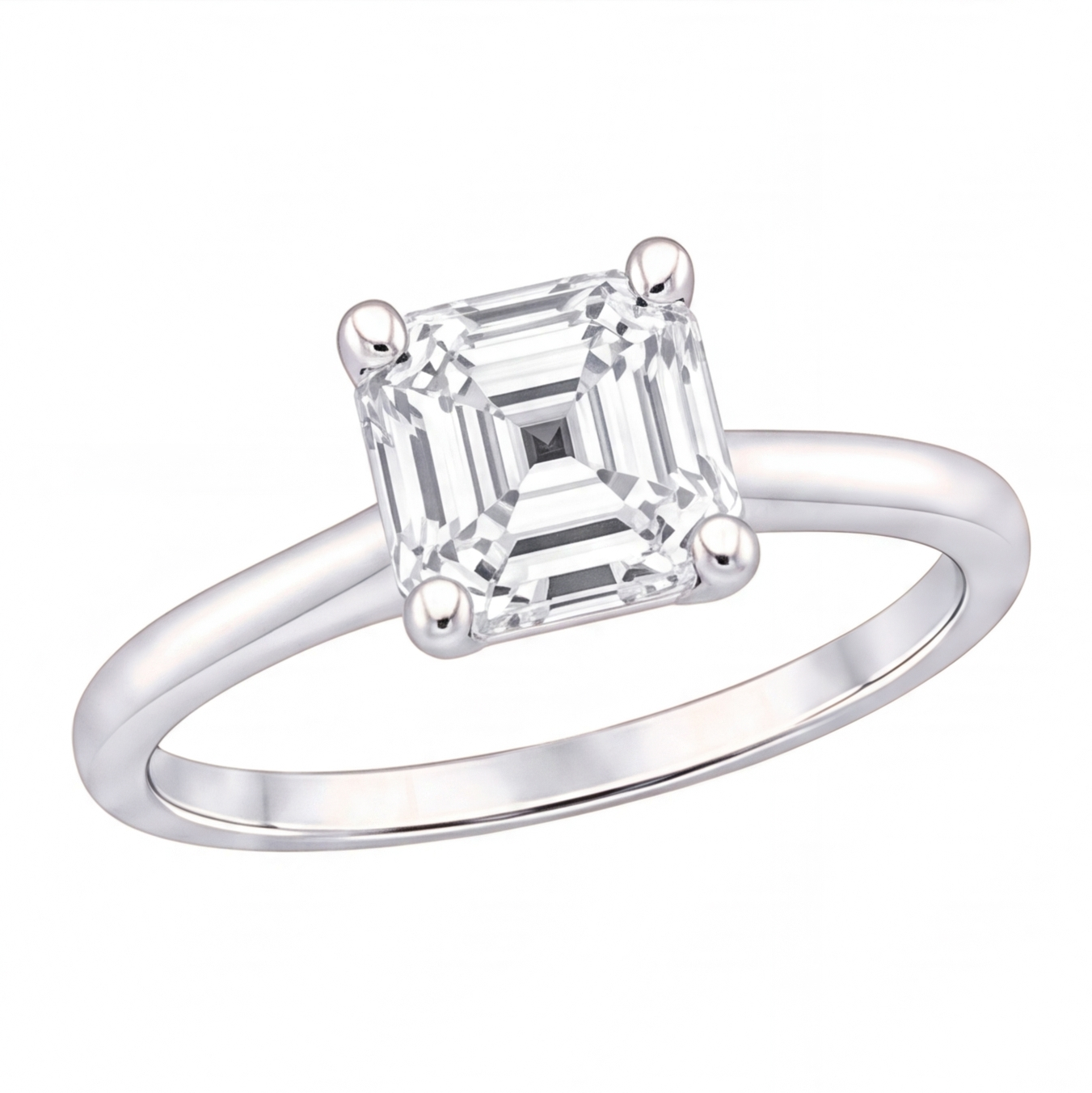 Yuna Asscher diamond solitaire engagement ring by Tiani Jewellery shown in rose gold, white gold and yellow gold.