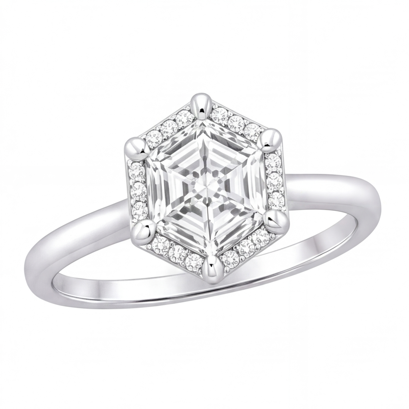 Mireya hexagon diamond halo engagement ring by Tiani Jewellery shown in rose gold, white gold and yellow gold.