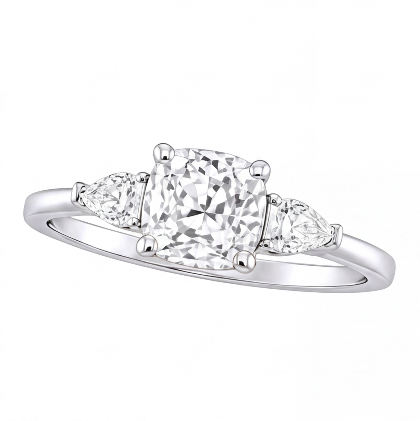 Winifred cushion diamond engagement ring with pear cut side stones by Tiani Jewellery shown in rose gold, white gold and yellow gold.