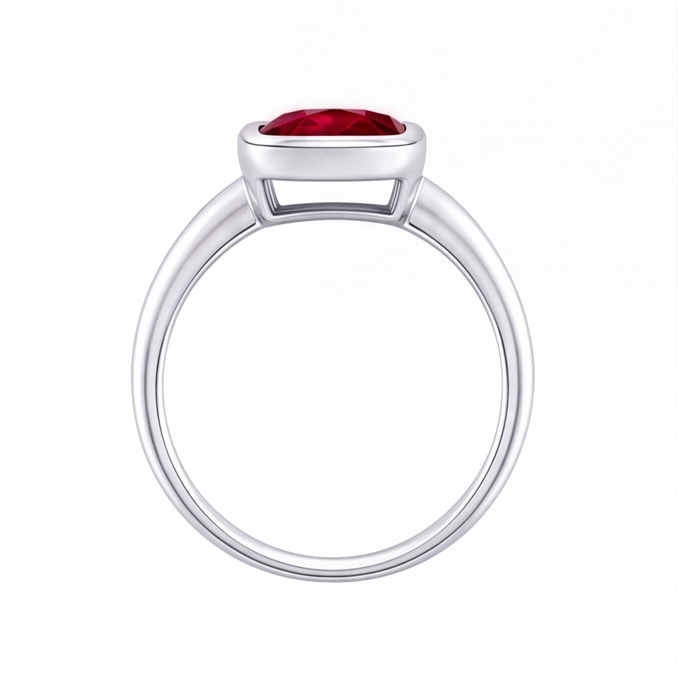 Xylia cushion ruby bezel engagement ring by Tiani Jewellery shown in rose gold, white gold and yellow gold.