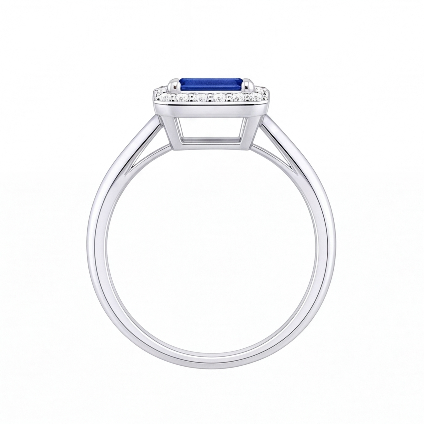 Nadine emerald cut blue sapphire halo engagement ring by Tiani Jewellery shown in rose gold, white gold and yellow gold.
