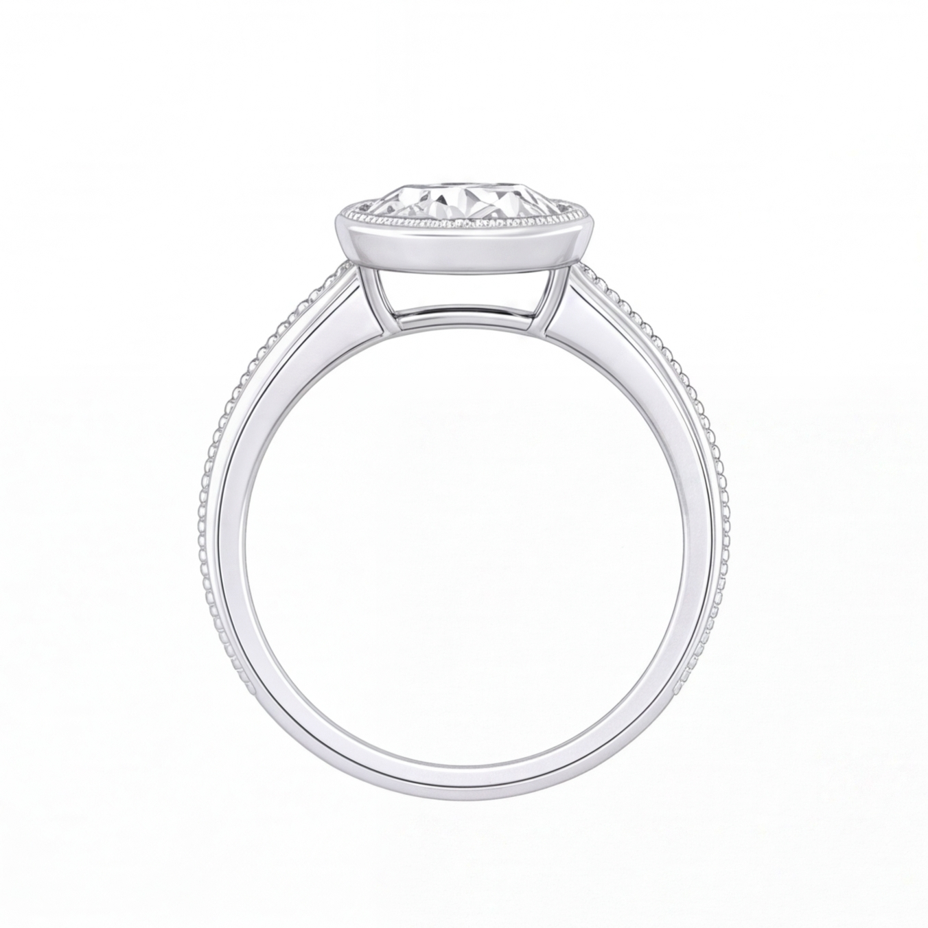 Ondine round bezel diamond milgrain engagement ring by Tiani Jewellery shown in rose gold, white gold and yellow gold.