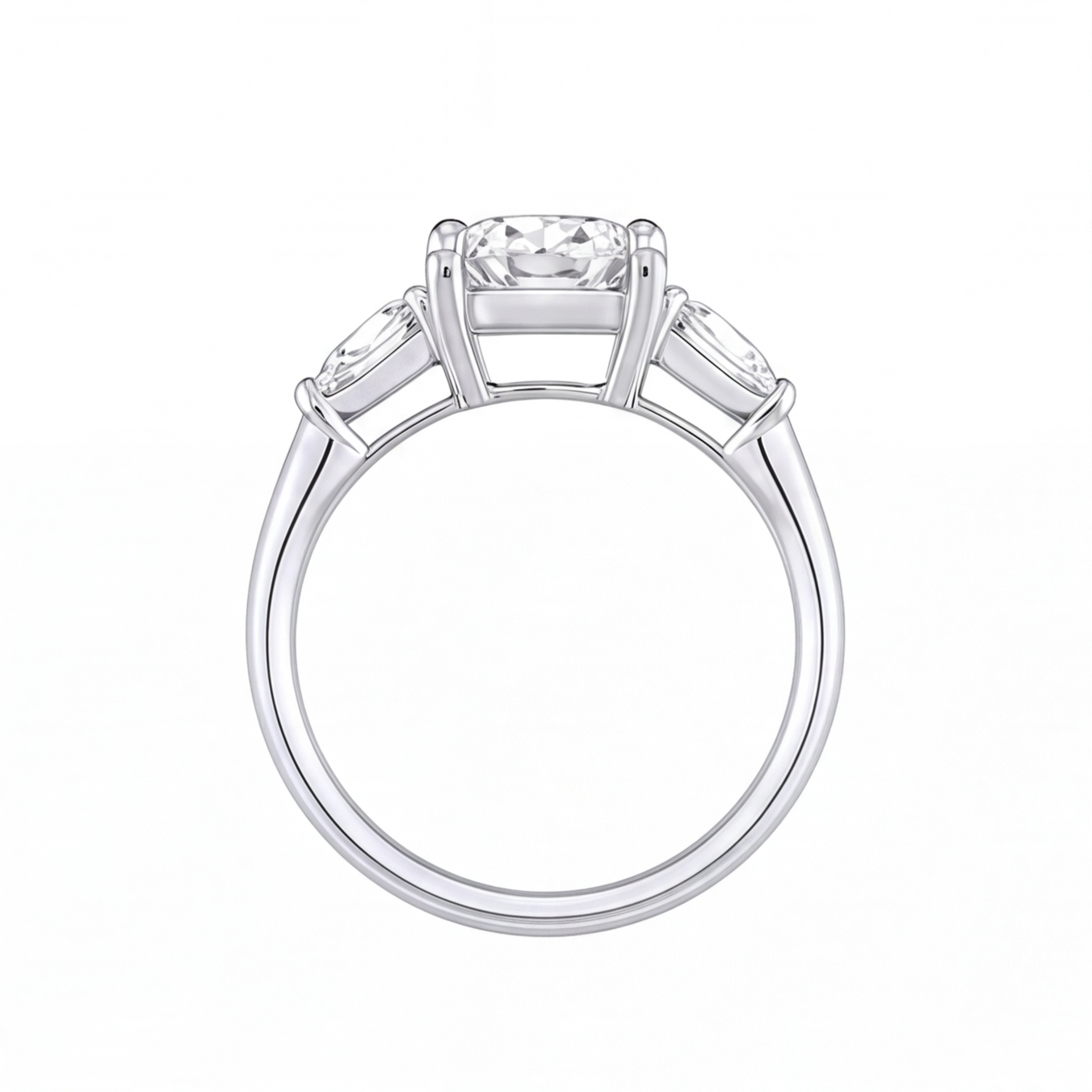 Winifred cushion diamond engagement ring with pear cut side stones by Tiani Jewellery shown in rose gold, white gold and yellow gold.