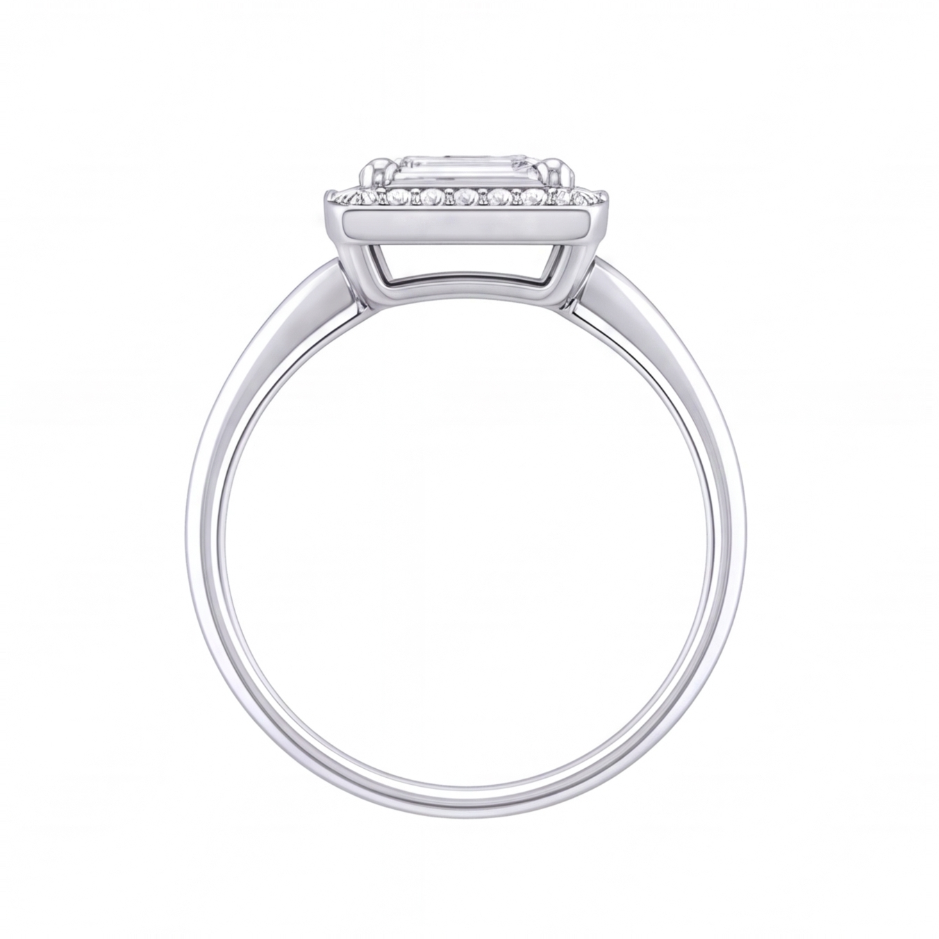 Zadie emerald cut diamond halo engagement ring by Tiani Jewellery in rose gold, white gold and yellow gold.