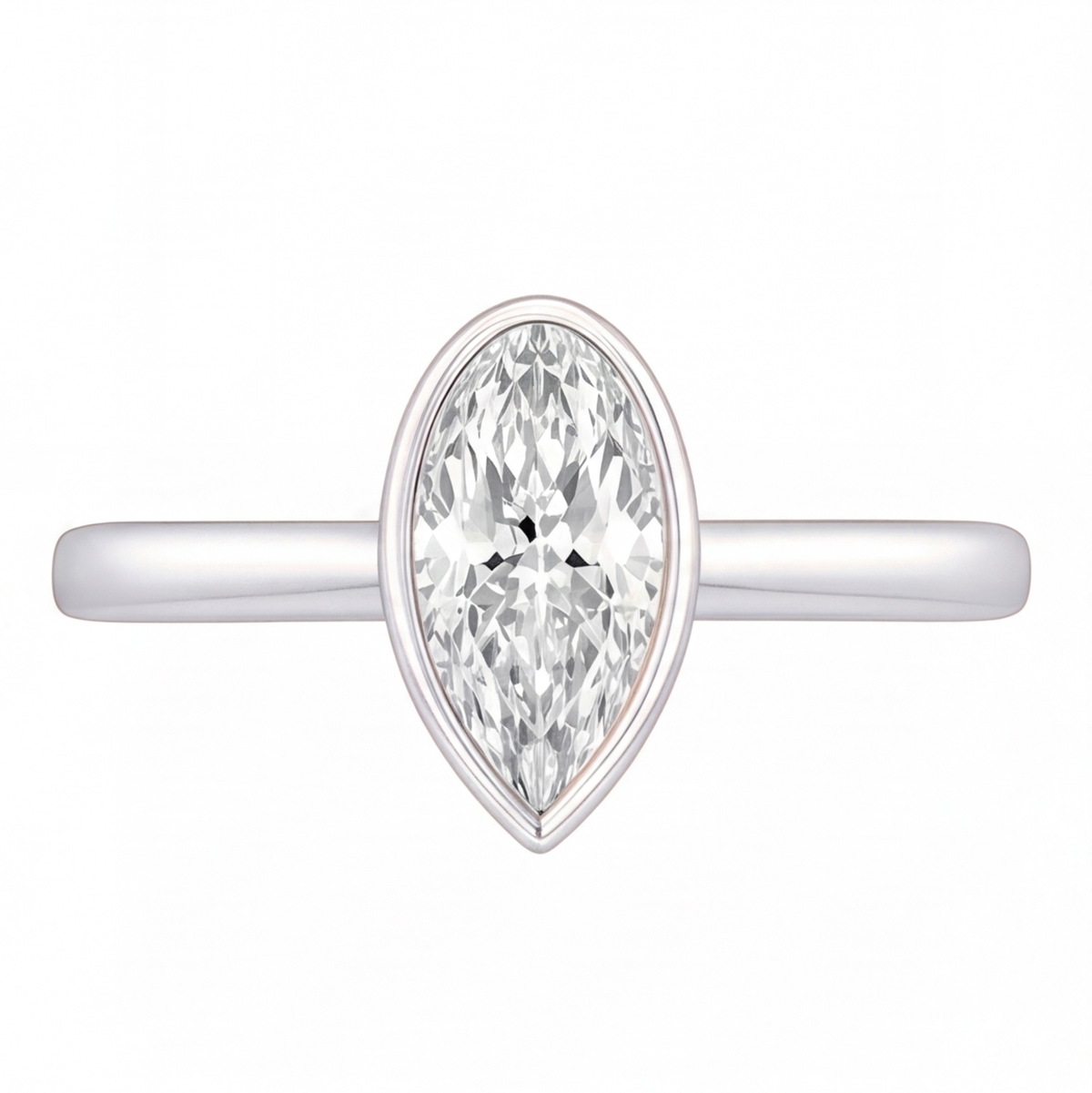 Lorelei pear cut bezel diamond solitaire engagement ring by Tiani Jewellery shown in rose gold, white gold and yellow gold.