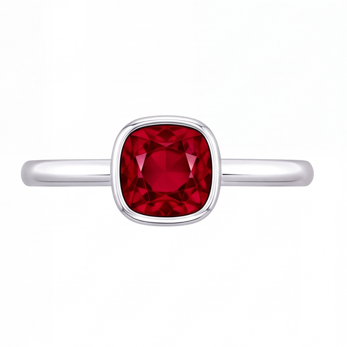 Xylia cushion ruby bezel engagement ring by Tiani Jewellery shown in rose gold, white gold and yellow gold.