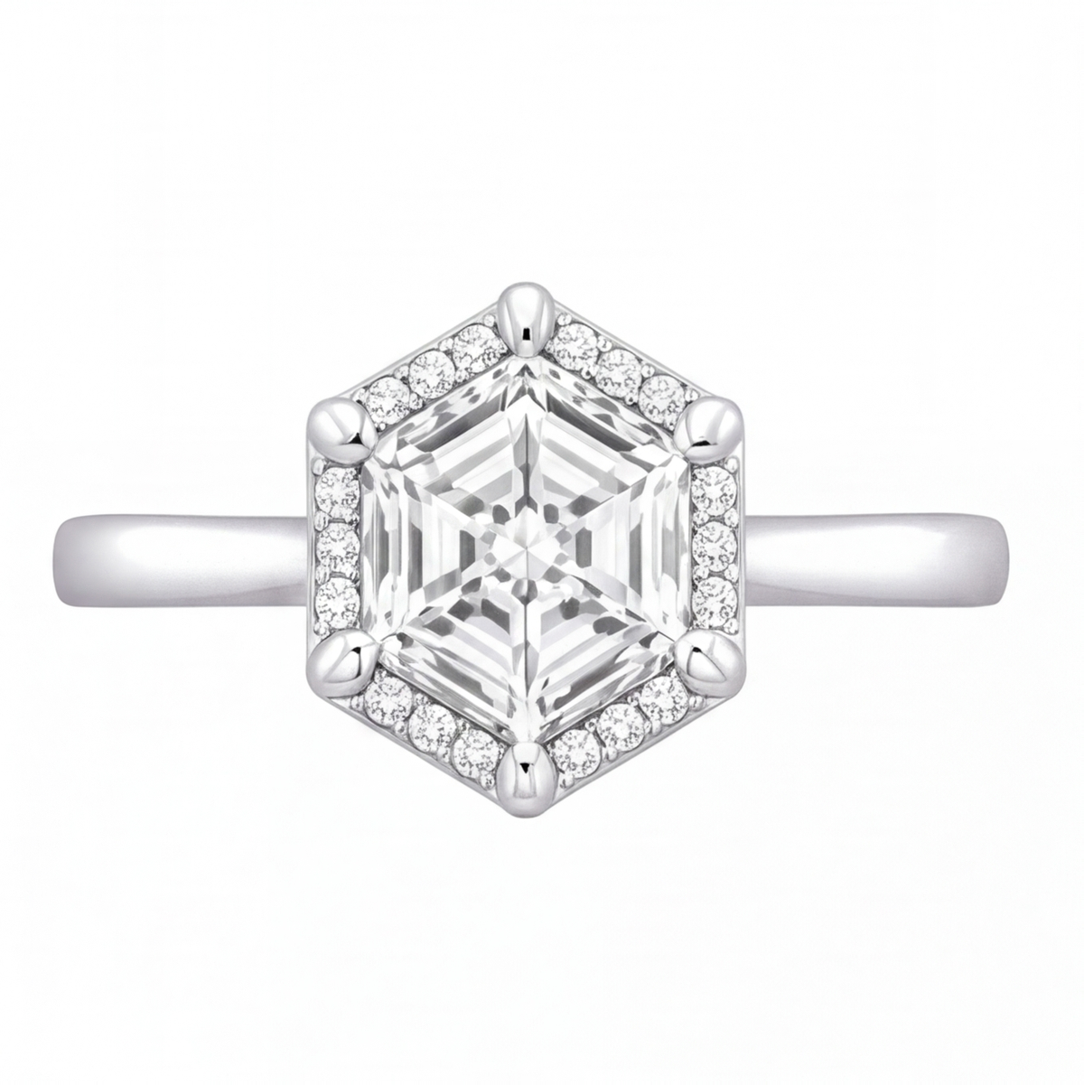 Mireya hexagon diamond halo engagement ring by Tiani Jewellery shown in rose gold, white gold and yellow gold.