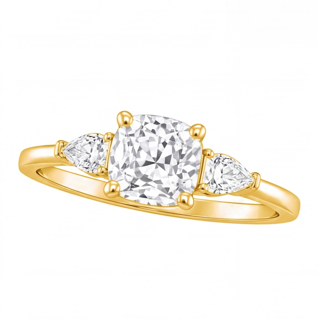 Winifred cushion diamond engagement ring with pear cut side stones by Tiani Jewellery shown in rose gold, white gold and yellow gold.