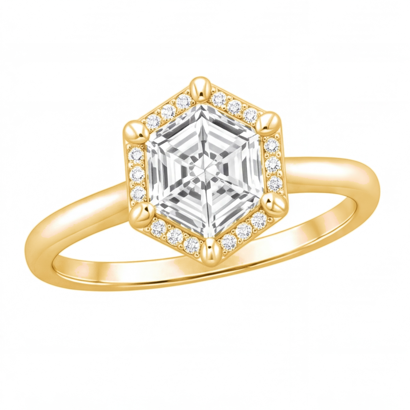 Mireya hexagon diamond halo engagement ring by Tiani Jewellery shown in rose gold, white gold and yellow gold.
