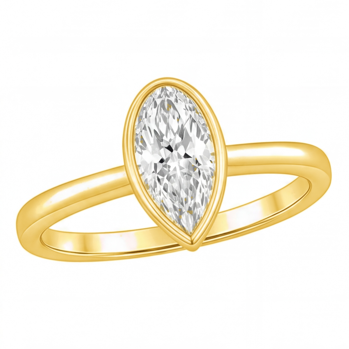 Lorelei pear cut bezel diamond solitaire engagement ring by Tiani Jewellery shown in rose gold, white gold and yellow gold.