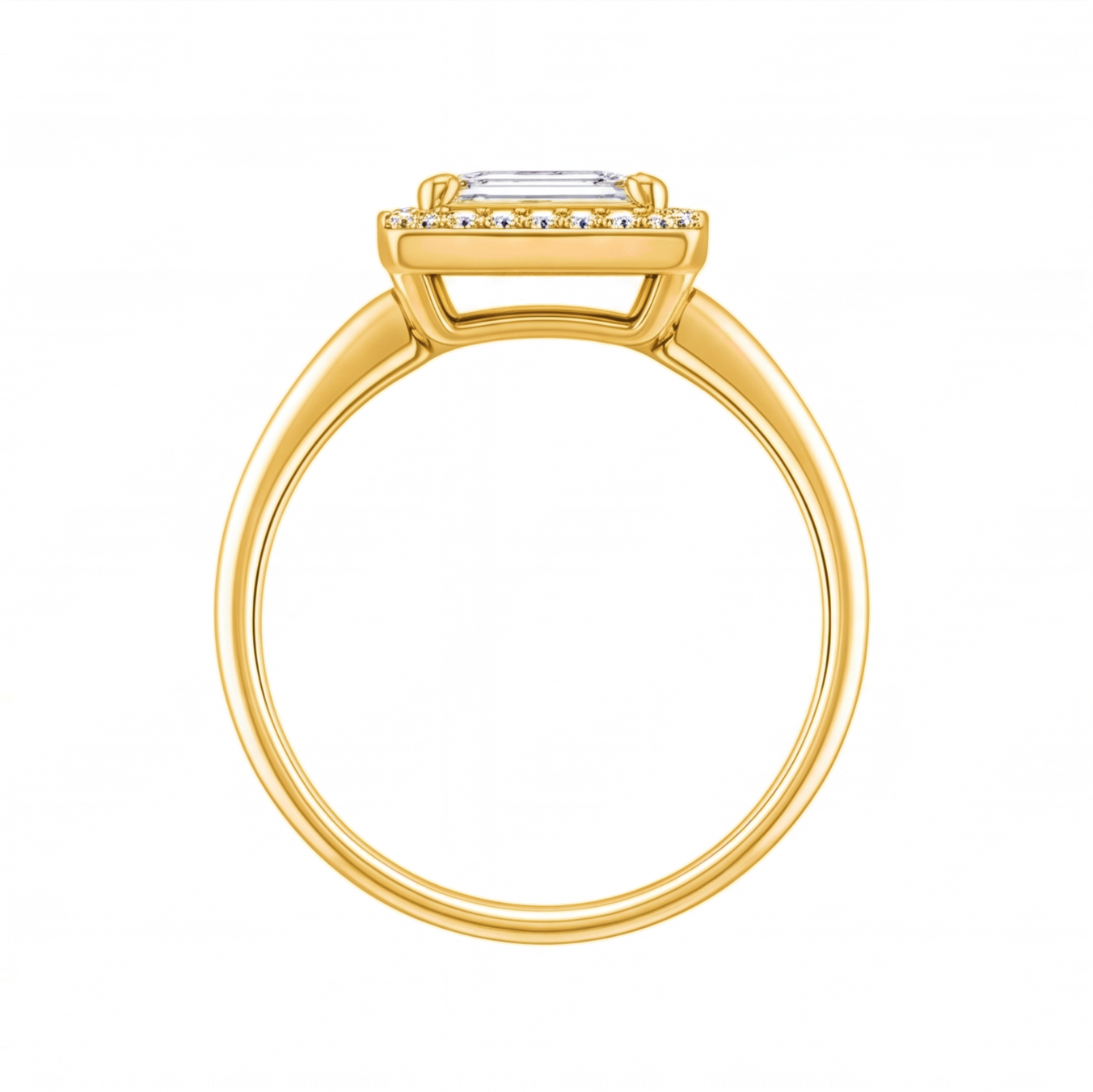Zadie emerald cut diamond halo engagement ring by Tiani Jewellery in rose gold, white gold and yellow gold.