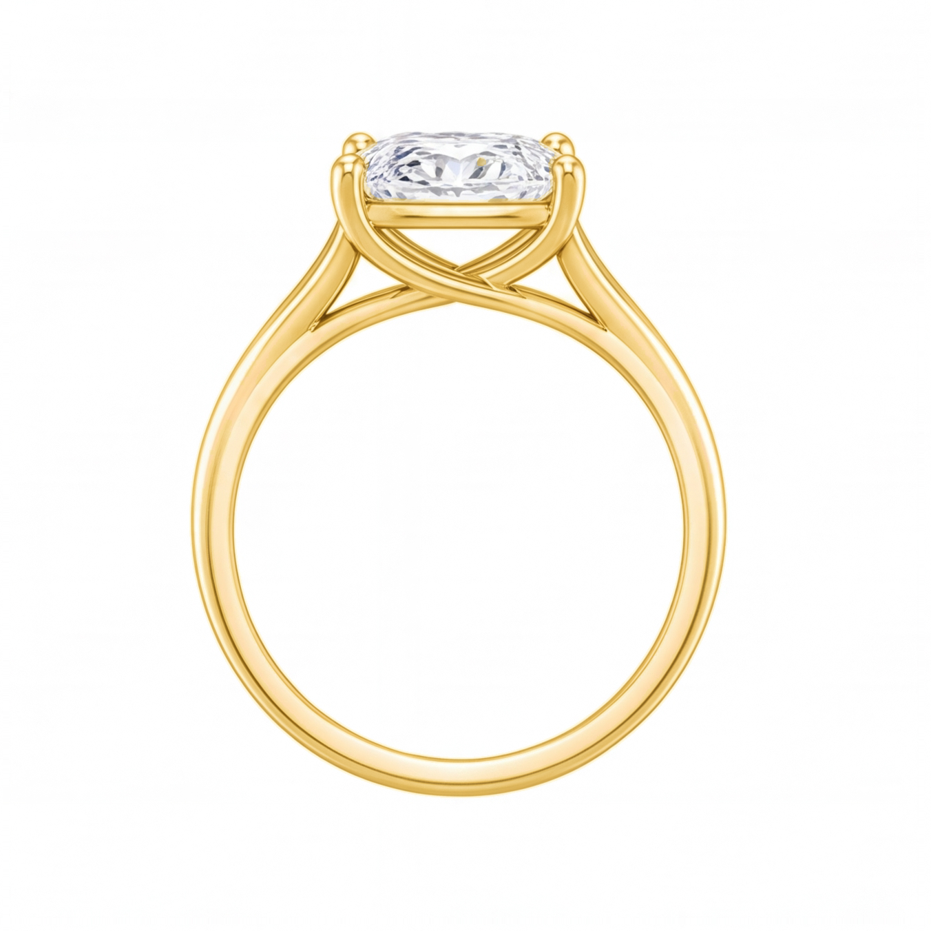 Tilda cushion diamond split shank engagement ring by Tiani Jewellery shown in rose gold, white gold and yellow gold.