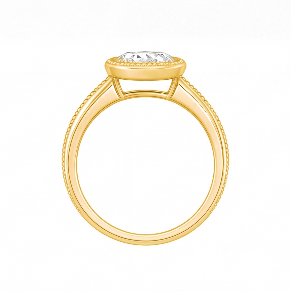Ondine round bezel diamond milgrain engagement ring by Tiani Jewellery shown in rose gold, white gold and yellow gold.