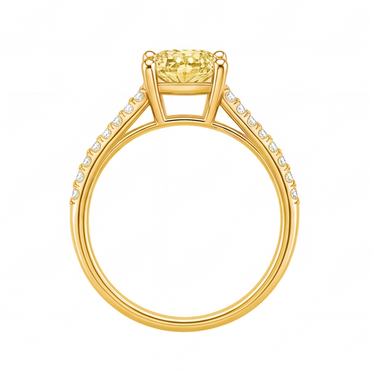 Xenia yellow radiant gemstone pave ring in yellow gold side profile view