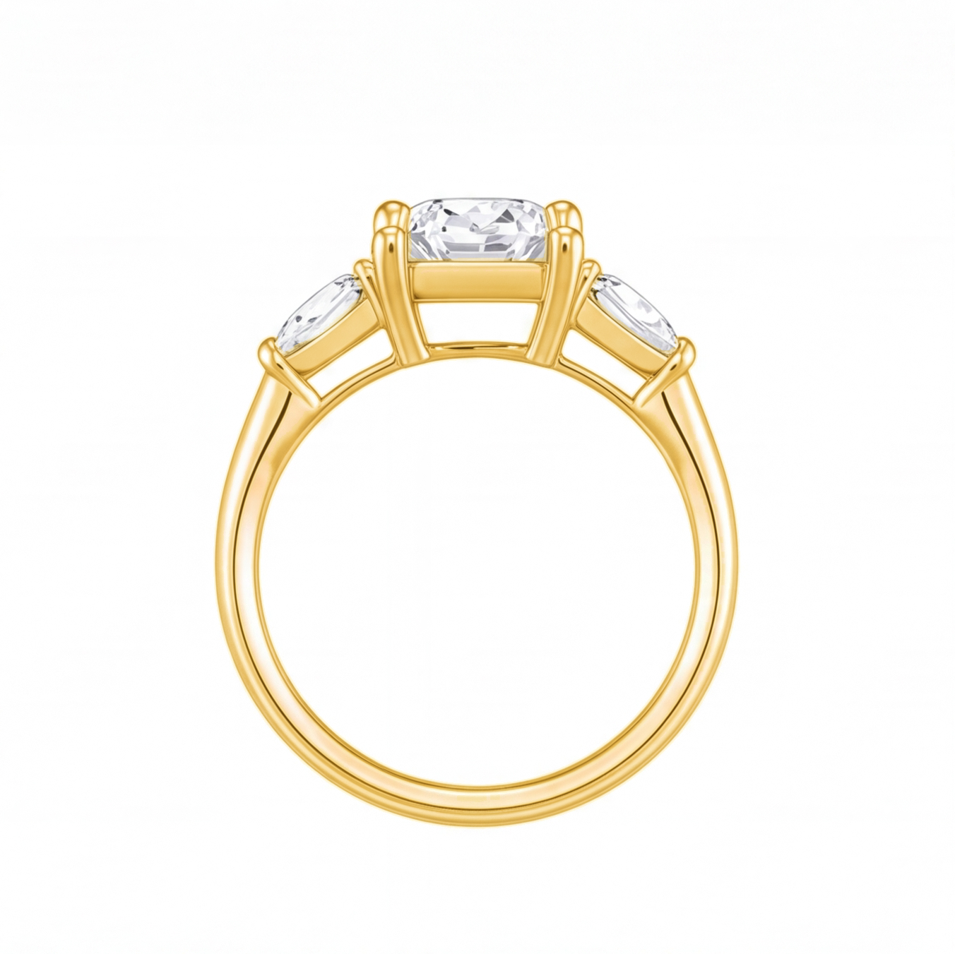 Winifred cushion diamond engagement ring with pear cut side stones by Tiani Jewellery shown in rose gold, white gold and yellow gold.