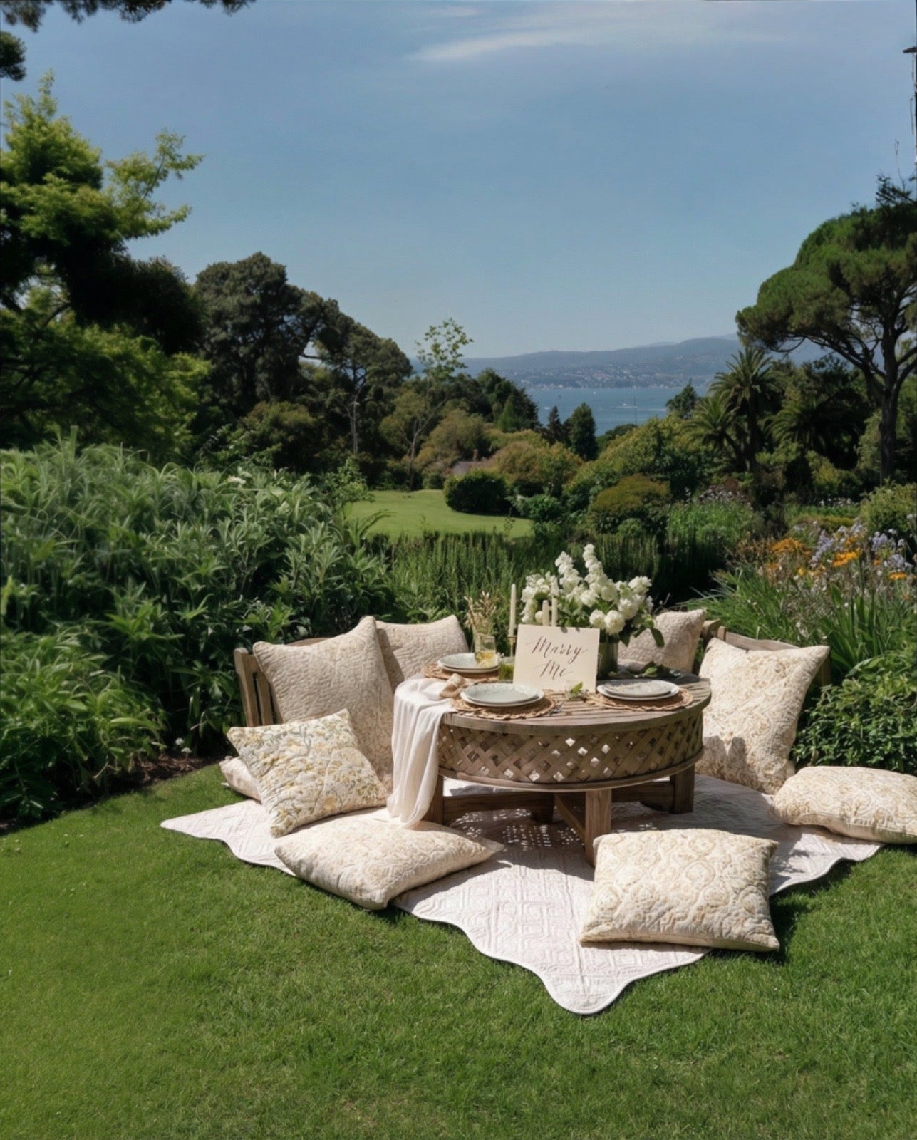 Tiani Romancer proposal experience by Tiani Jewellery featuring intimate picnic styling with roses and soft candlelit romantic setup.