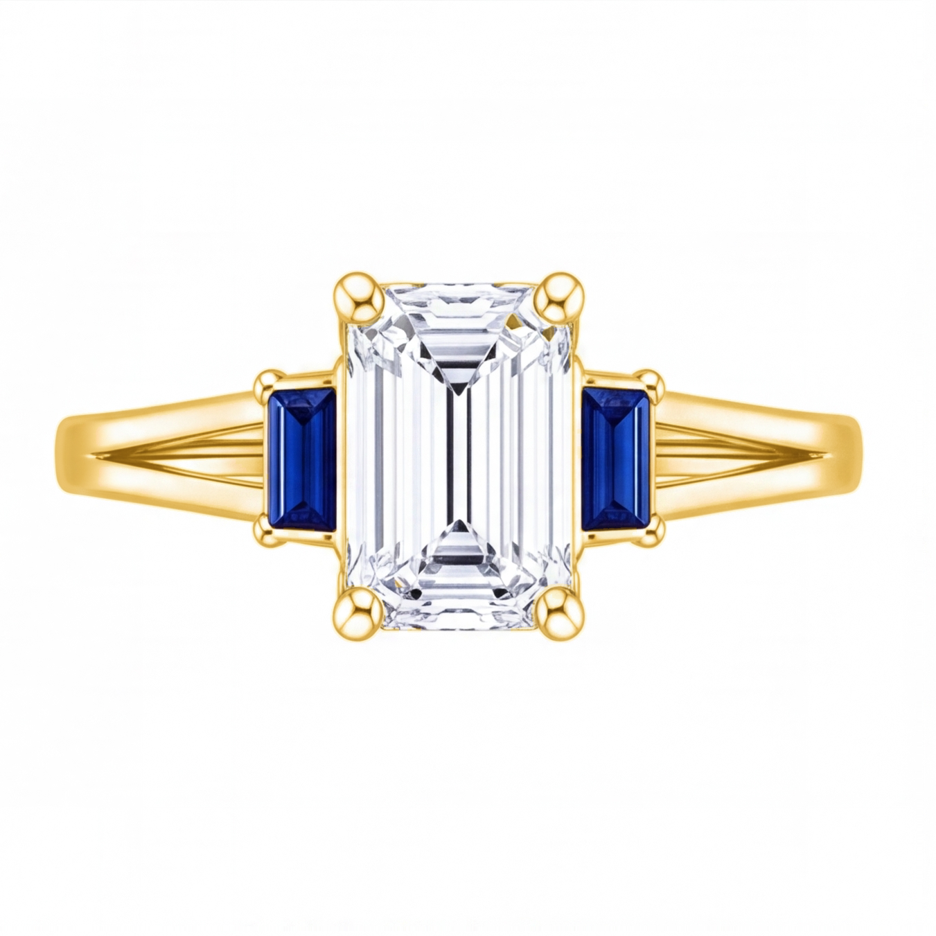 Valencia emerald cut diamond engagement ring with blue sapphire side stones by Tiani Jewellery shown in rose gold, white gold and yellow gold.