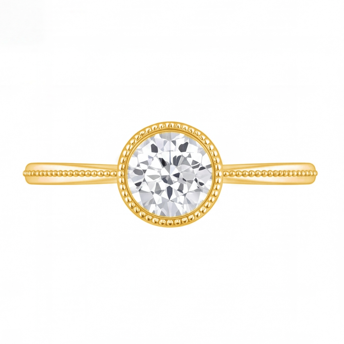 Ondine round bezel diamond milgrain engagement ring by Tiani Jewellery shown in rose gold, white gold and yellow gold.