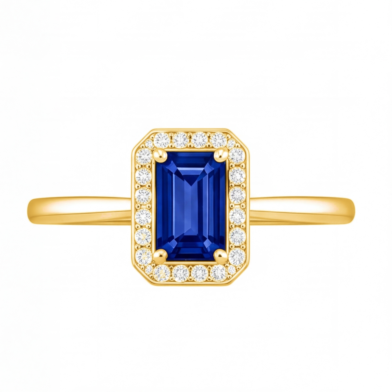 Nadine emerald cut blue sapphire halo engagement ring by Tiani Jewellery shown in rose gold, white gold and yellow gold.