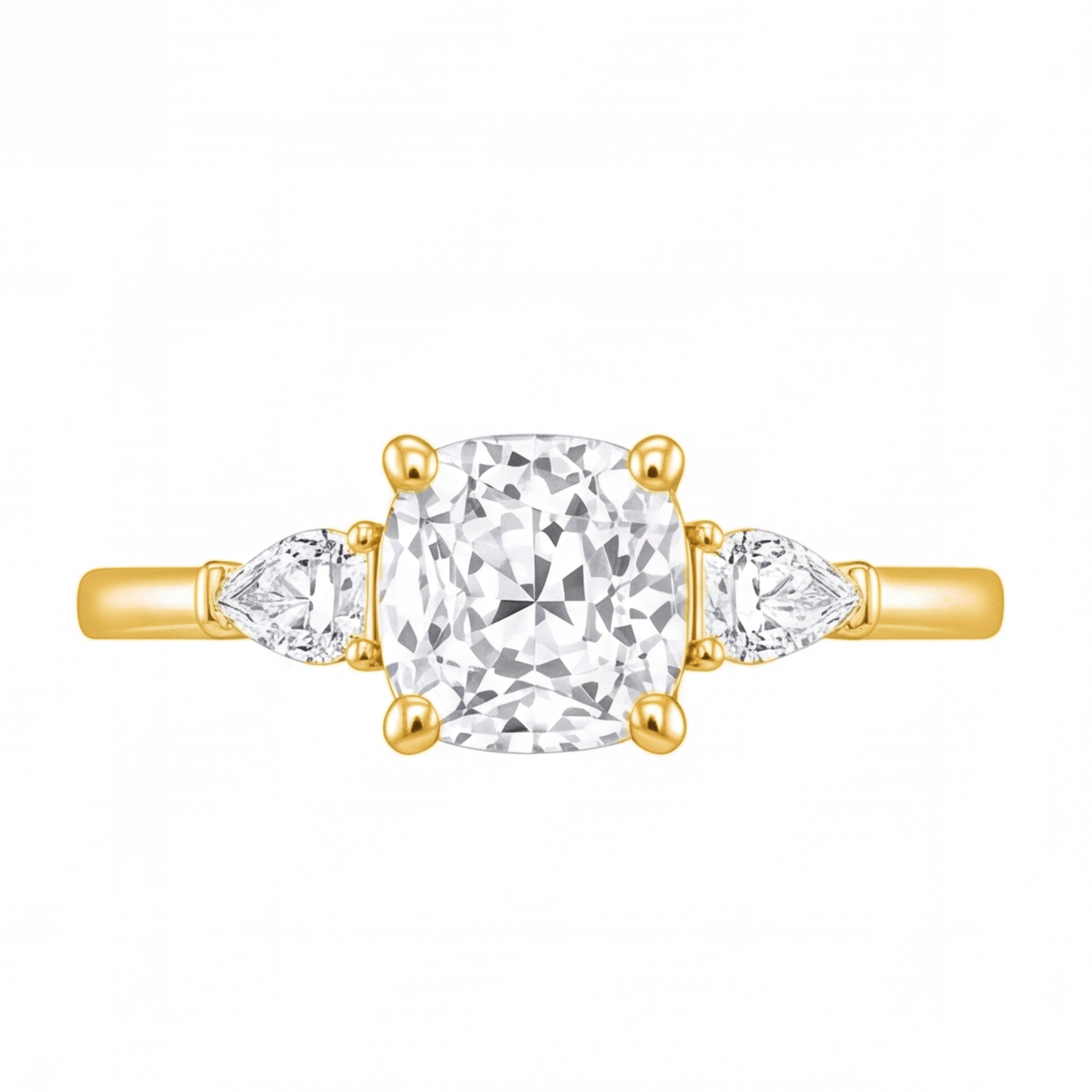Winifred cushion diamond engagement ring with pear cut side stones by Tiani Jewellery shown in rose gold, white gold and yellow gold.