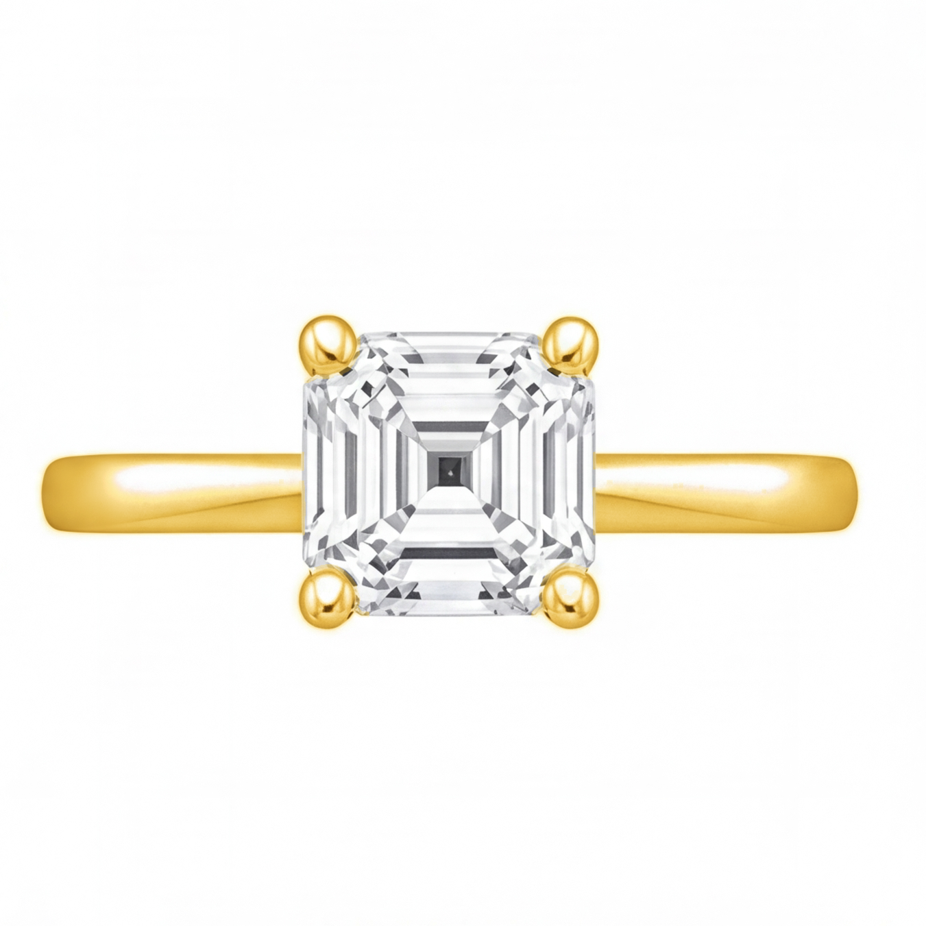 Yuna Asscher diamond solitaire engagement ring by Tiani Jewellery shown in rose gold, white gold and yellow gold.